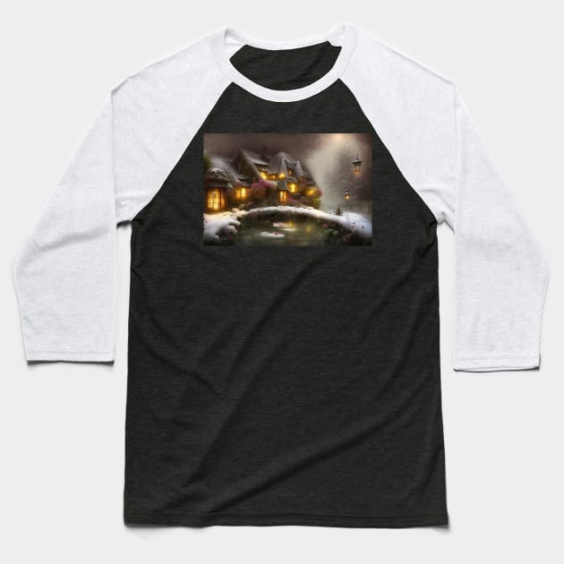 Magical Fantasy House with Lights in a Snowy Scene, Fantasy Cottagecore artwork Baseball T-Shirt by Promen Art